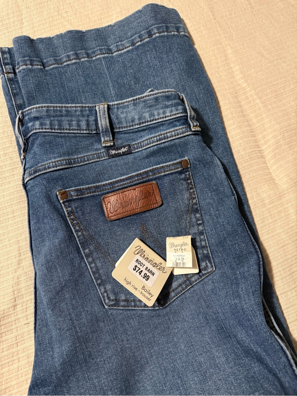 Wrangler Men's Medium Blue Denim Bootcut Jeans with Leather Patch